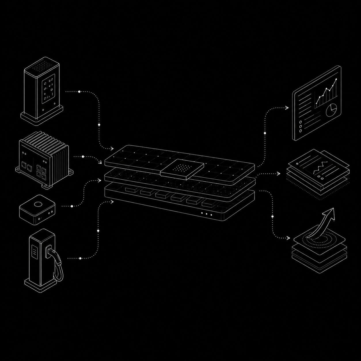 Isometric line illustration of a platform with industrial inputs flowing in and business value outputs flowing out.